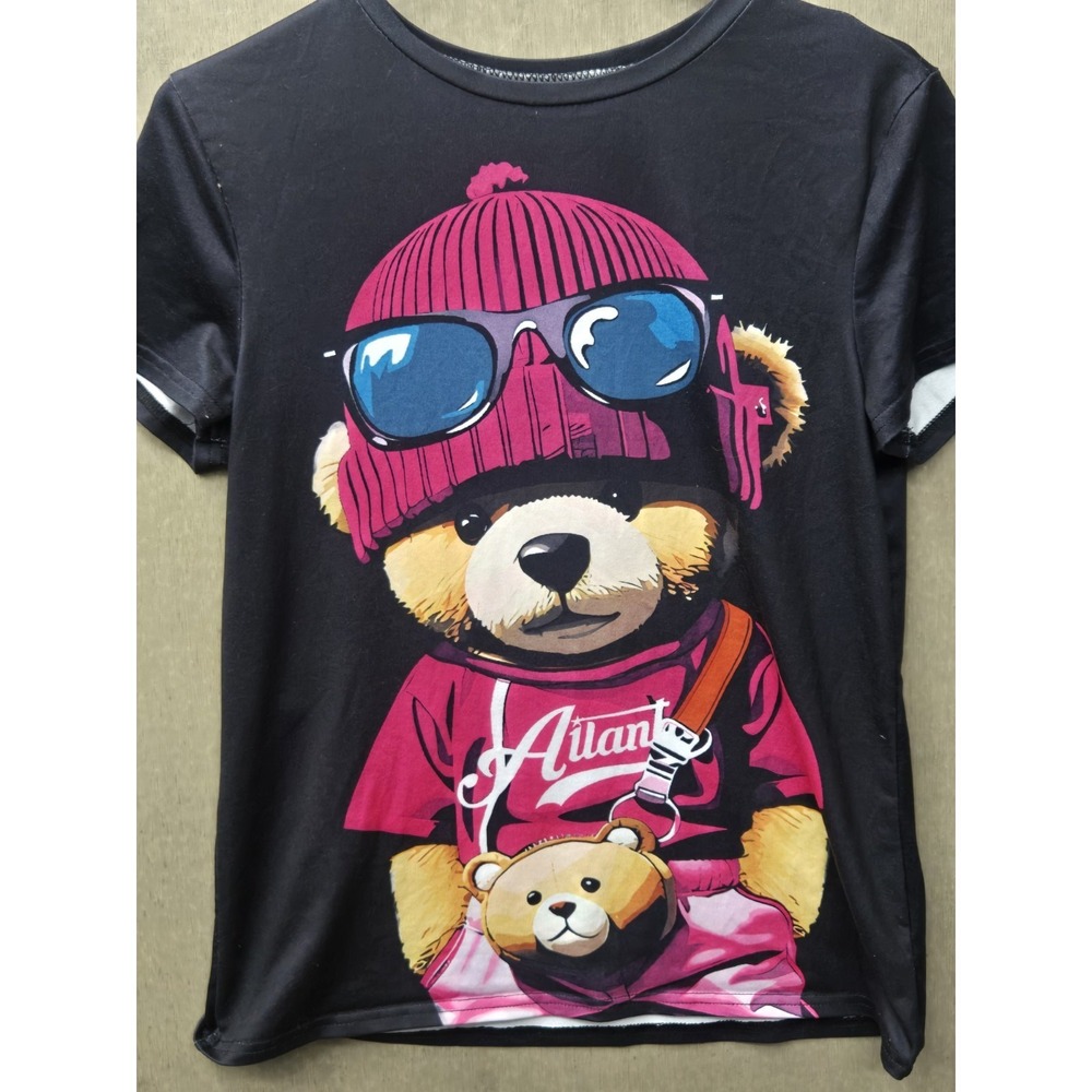 Womens Atlanta Teddy Bear Graphic T Shirt Black Pink Sunglasses Large